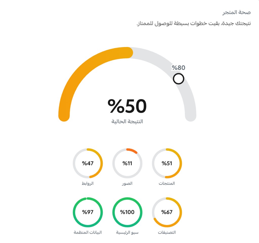 لوحة صحة المتجر في ظهور — النتيجة الحالية والقطاعات